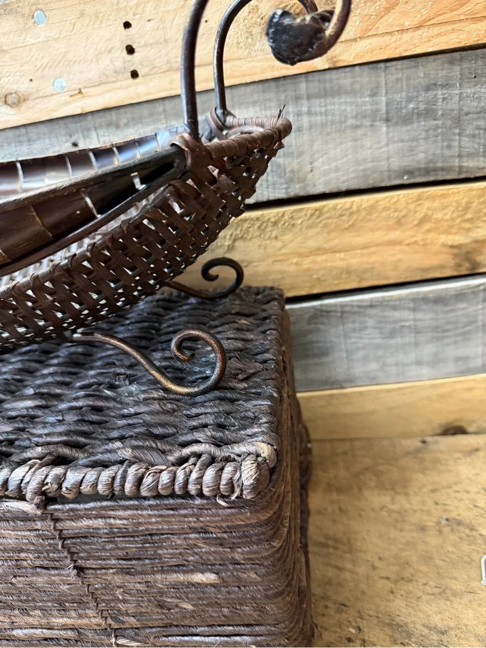 Oval  Wrought Iron and  Woven Dark Brown Decorative Fruit Basket with Handles
